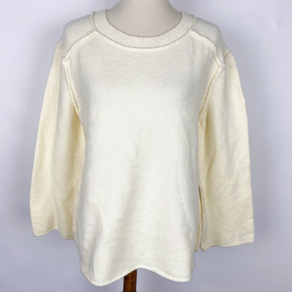 Listicle Exposed Seam Relaxed‎ Wool Blend Knit Sweater Womens Small Cream Boxy